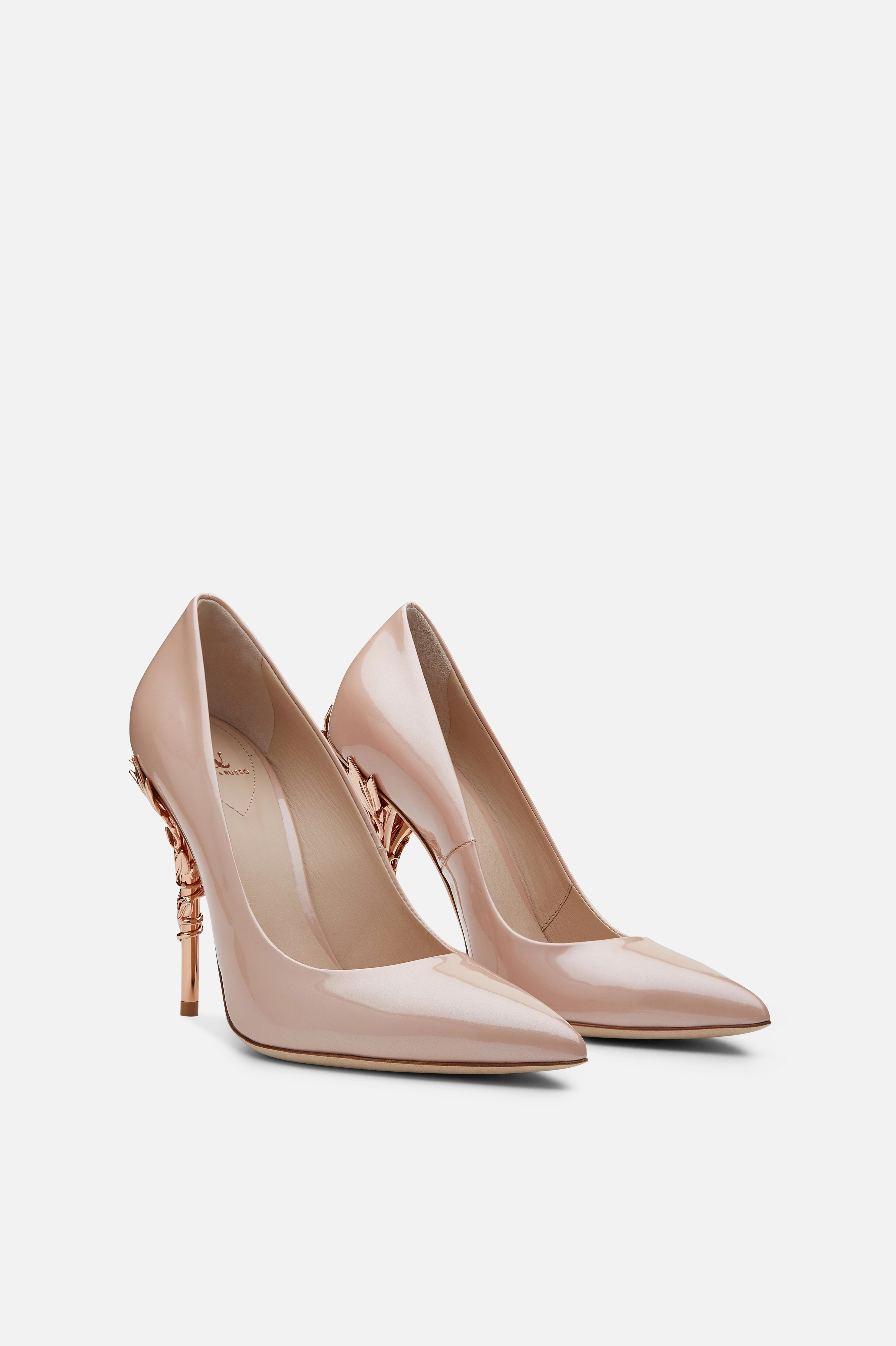 Vintage Pink Leather Eden Heels with Rose Gold Leaves