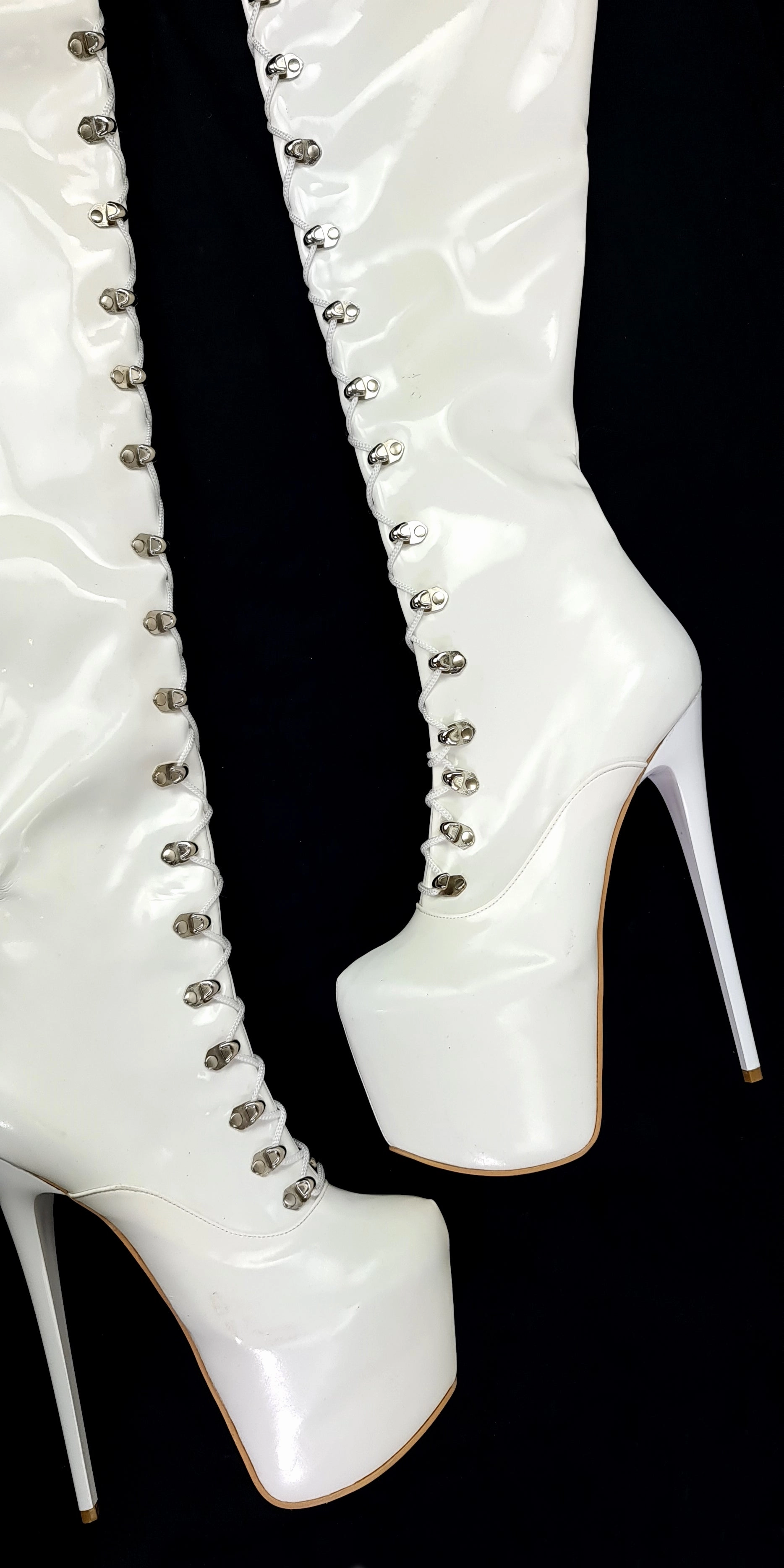 White Gloss Long Thigh Military Style Boots 80 cms