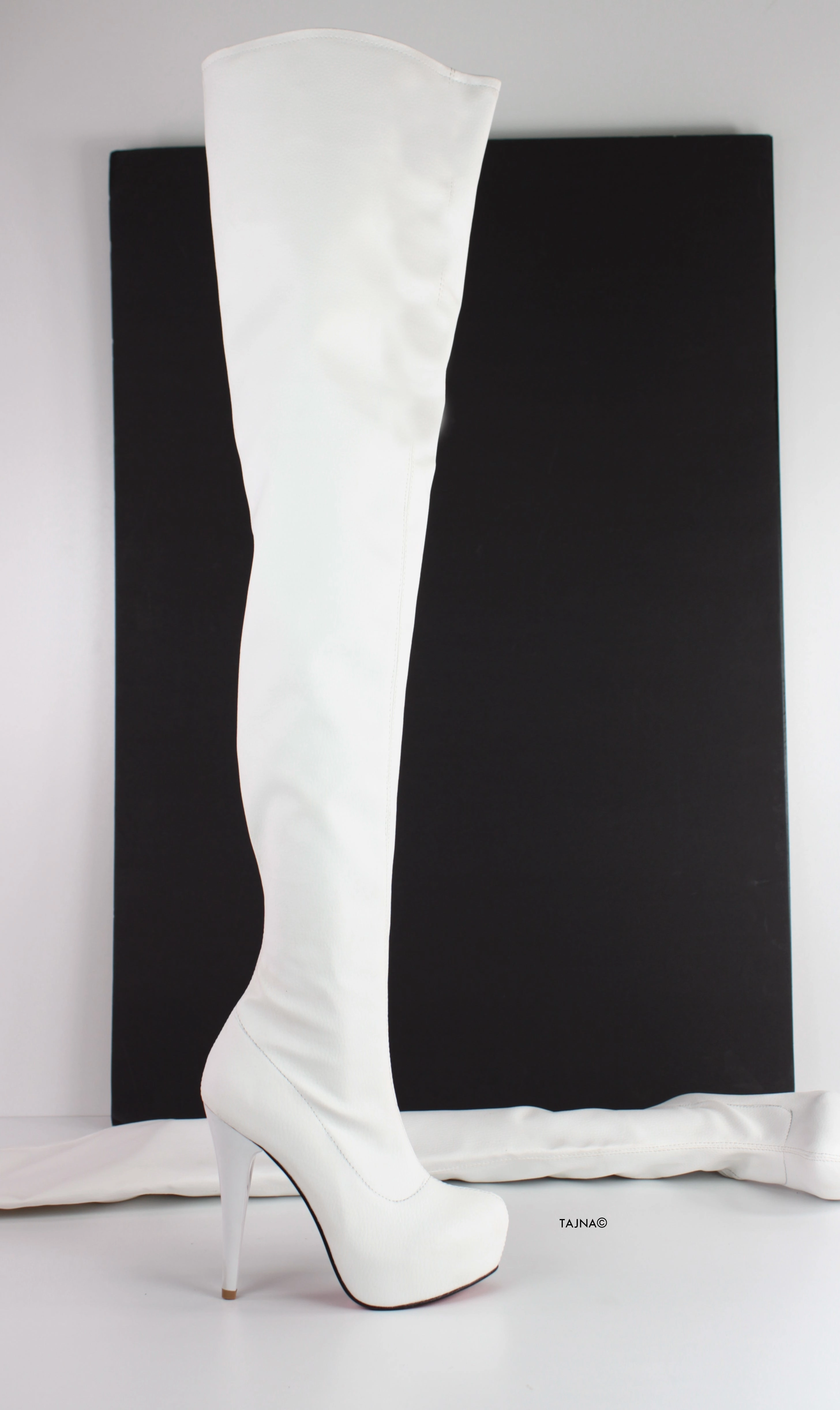 White Matte Thigh High Chunky Heel Boots