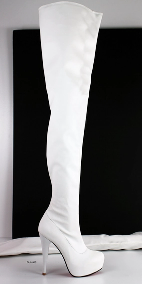 White Matte Thigh High Chunky Heel Boots