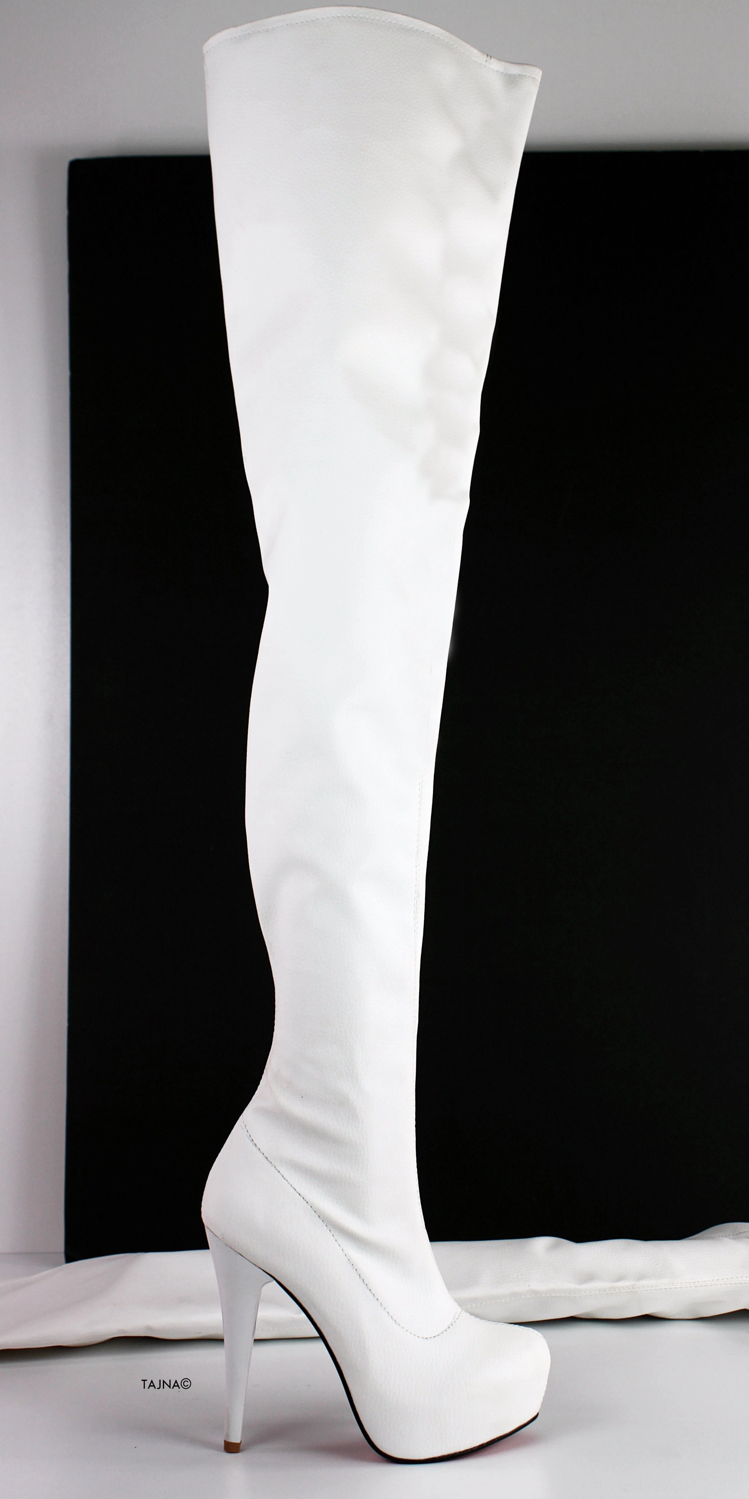 White Matte Thigh High Chunky Heel Boots