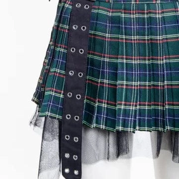 Women's Grunge Eyelet Buckled Plaid Pleated Skirt Green