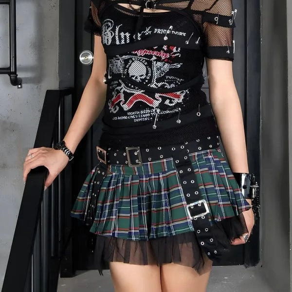 Women's Grunge Eyelet Buckled Plaid Pleated Skirt Green