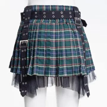 Women's Grunge Eyelet Buckled Plaid Pleated Skirt Green