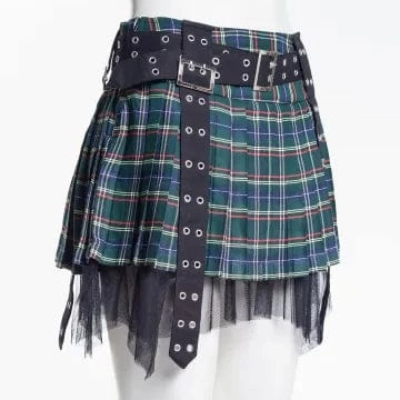Women's Grunge Eyelet Buckled Plaid Pleated Skirt Green