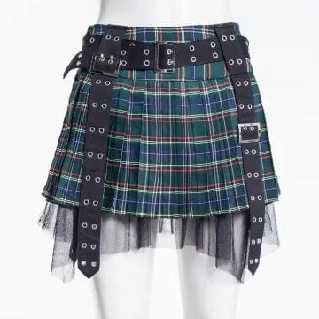 Women's Grunge Eyelet Buckled Plaid Pleated Skirt Green