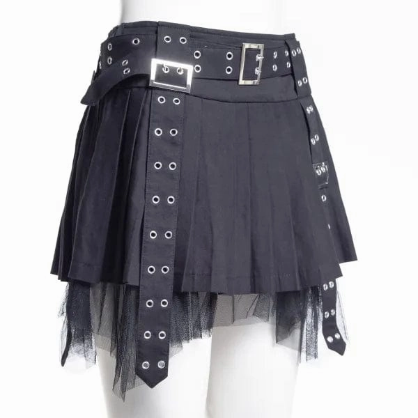 Women's Punk Eyelet Buckled Pleated Skirt
