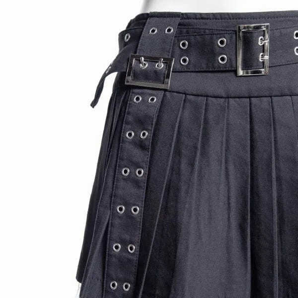 Women's Punk Eyelet Buckled Pleated Skirt