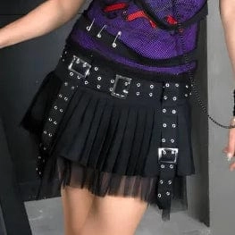 Women's Punk Eyelet Buckled Pleated Skirt